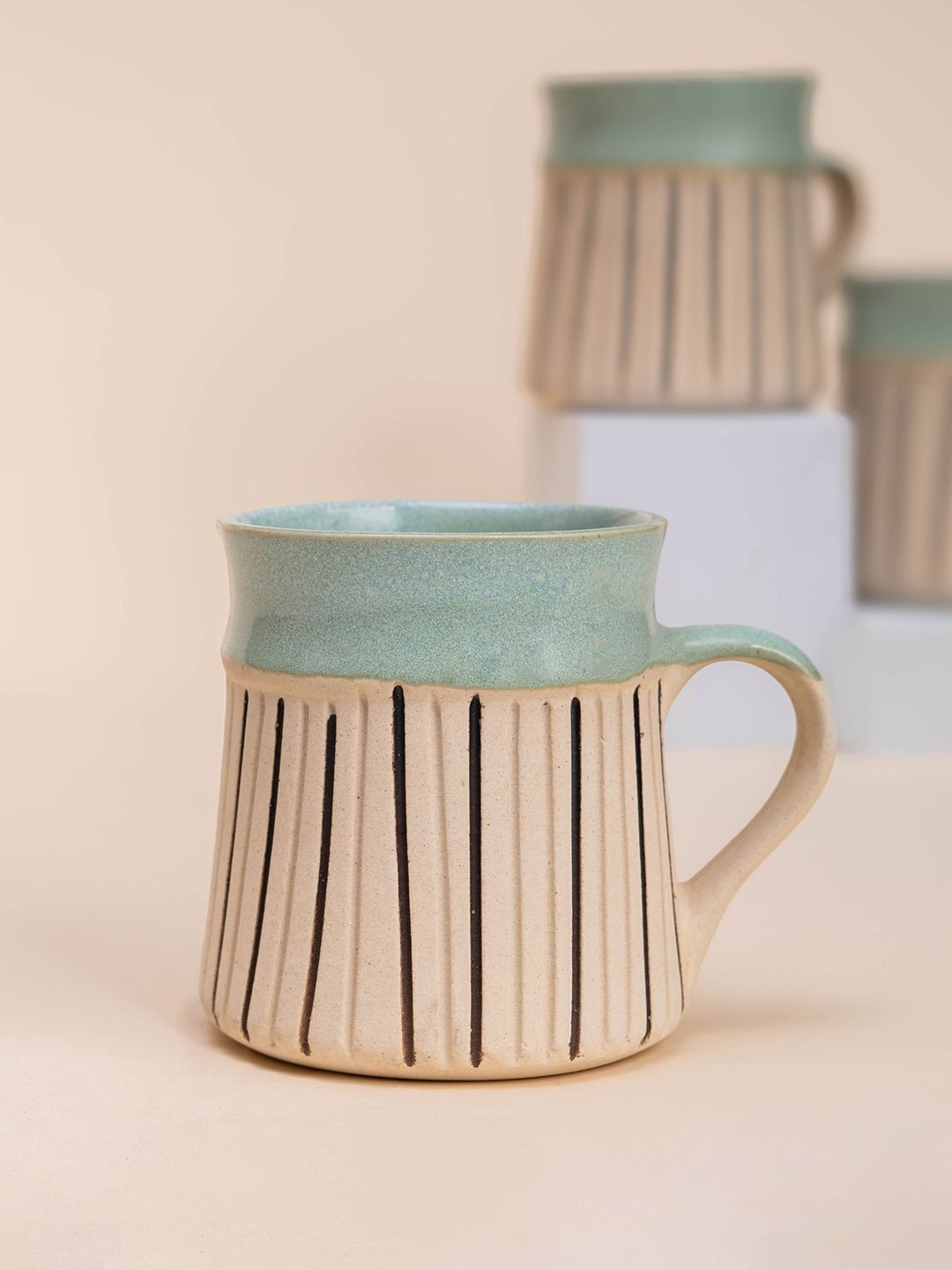 The Zappy Box Sea Green & Beige Printed Ceramic Core Set of Cups and Mugs