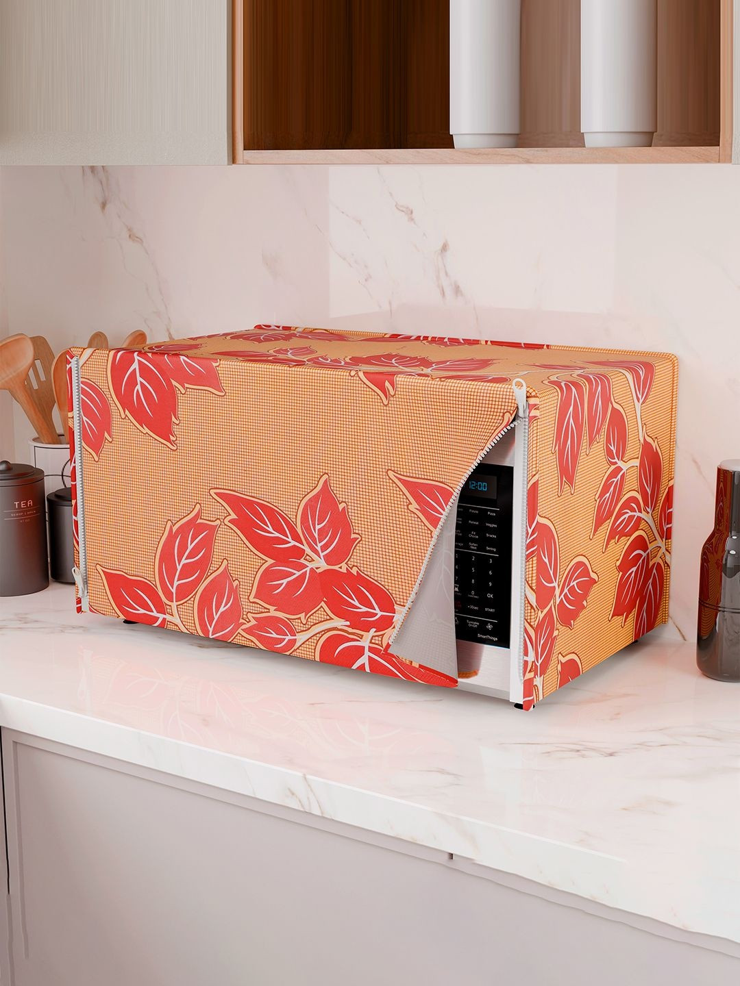 Kuber Industries Red & Orange-Colored Leaf Printed Microwave Oven Cover