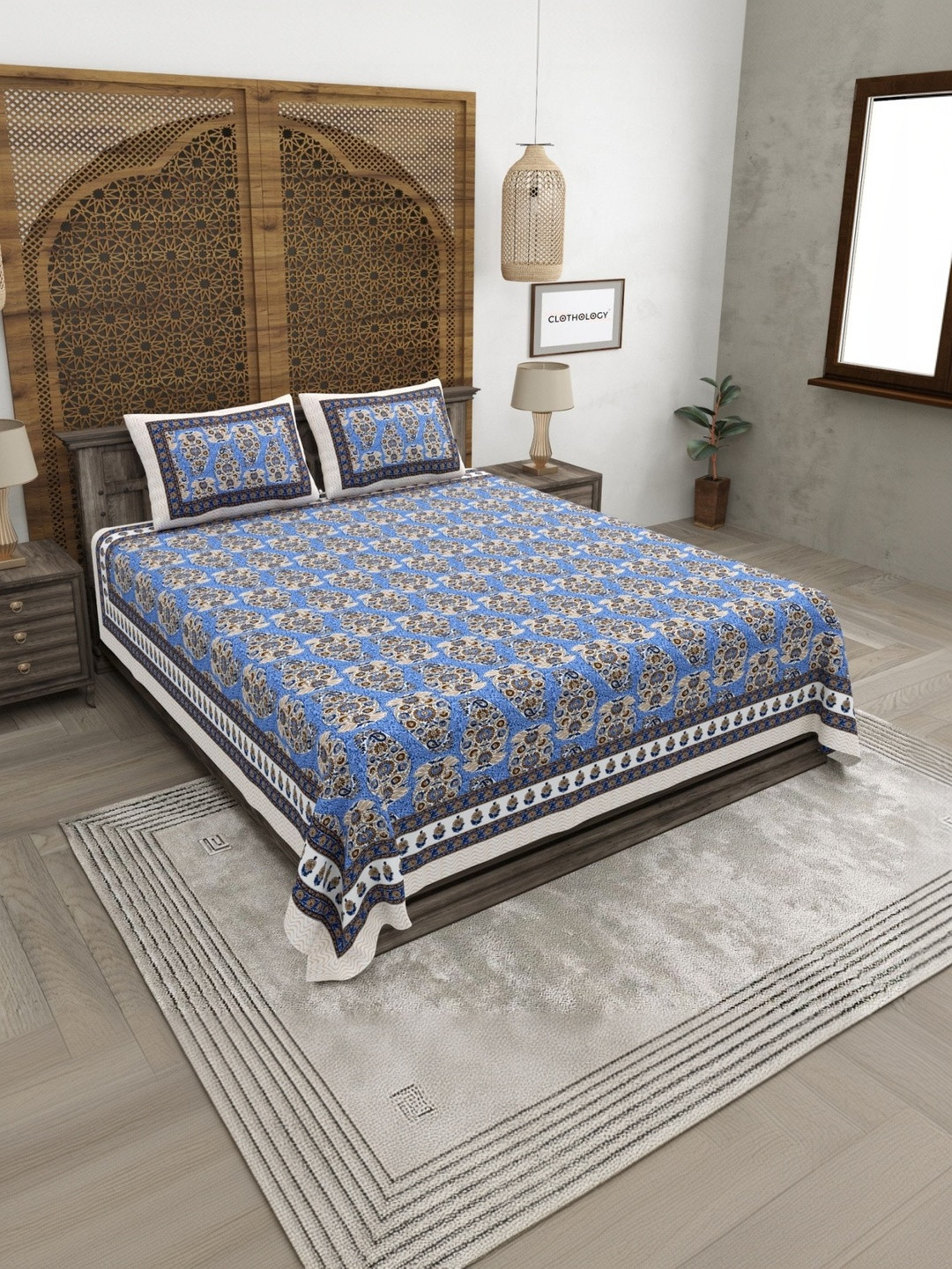 CLOTHOLOGY Blue & Brown 180 TC Bedsheet with 2 Pillow Covers
