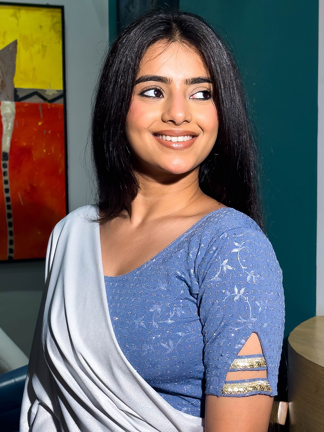 Bindigasm's Advi Women Woven Design Round Neck Saree Blouse With V-Shape & Lace Sleeves