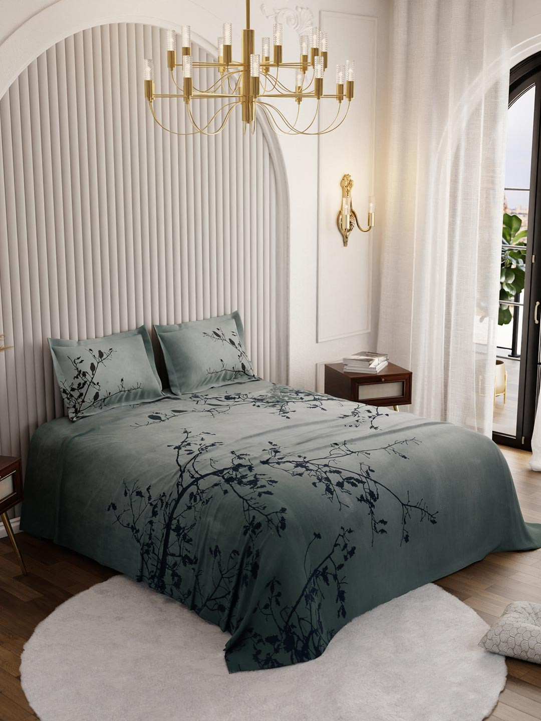 Stoa Paris Teal & Black Floral 150 TC Cotton Super King Bedsheet Set - 2.74 m x 2.74 m