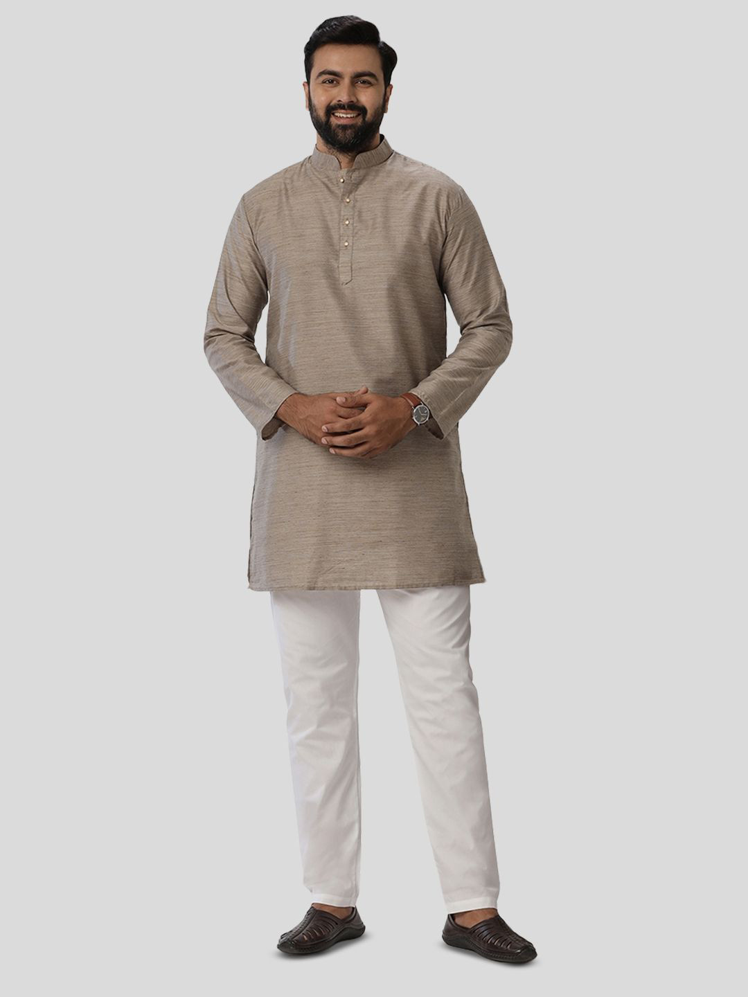 UATHAYAM Men Dark Gray Kraft Cotton Blend Long Kurta