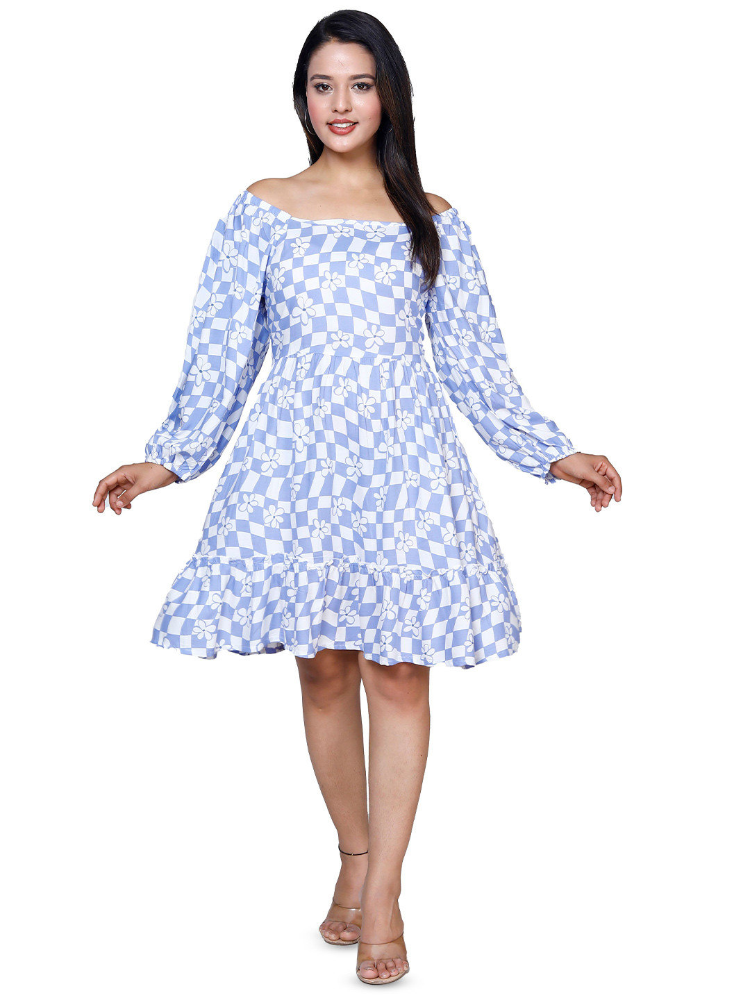 SAKURA Print Off-Shoulder Liva Fit & Flare Dress