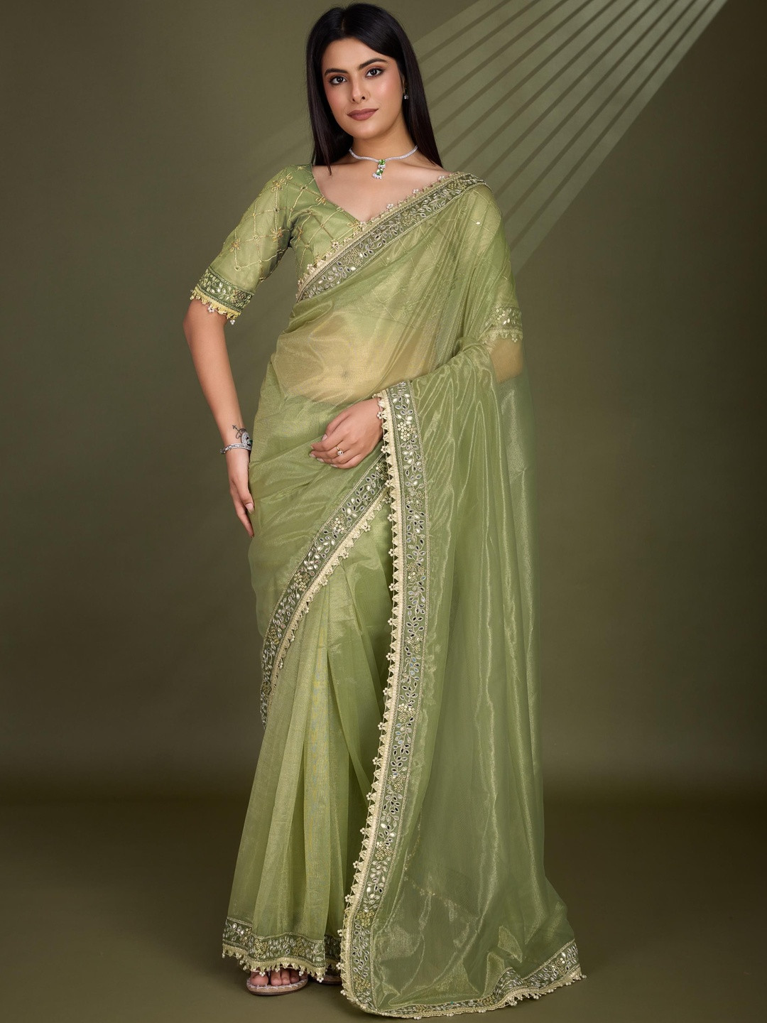 Smart Stree Embellished Mirror Work Organza Heavy Work Saree