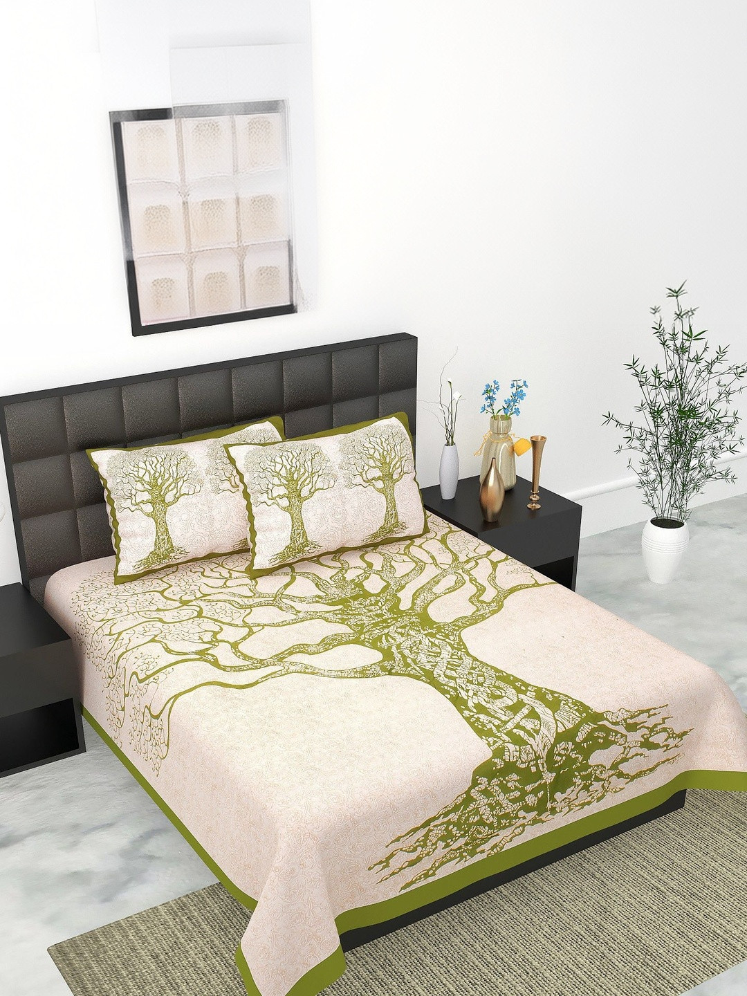 KD PRINTS Cream-Coloured & White Floral 180 TC King Bedsheet with 2 Pillow Covers