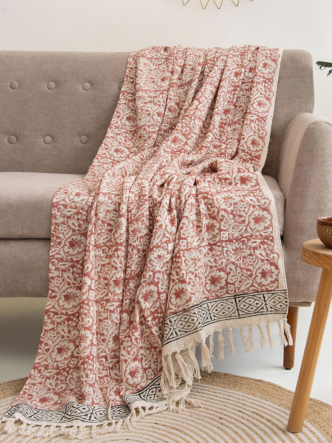 DMAASA Peach-Colored & White Printed Pure Cotton Sofa Throws