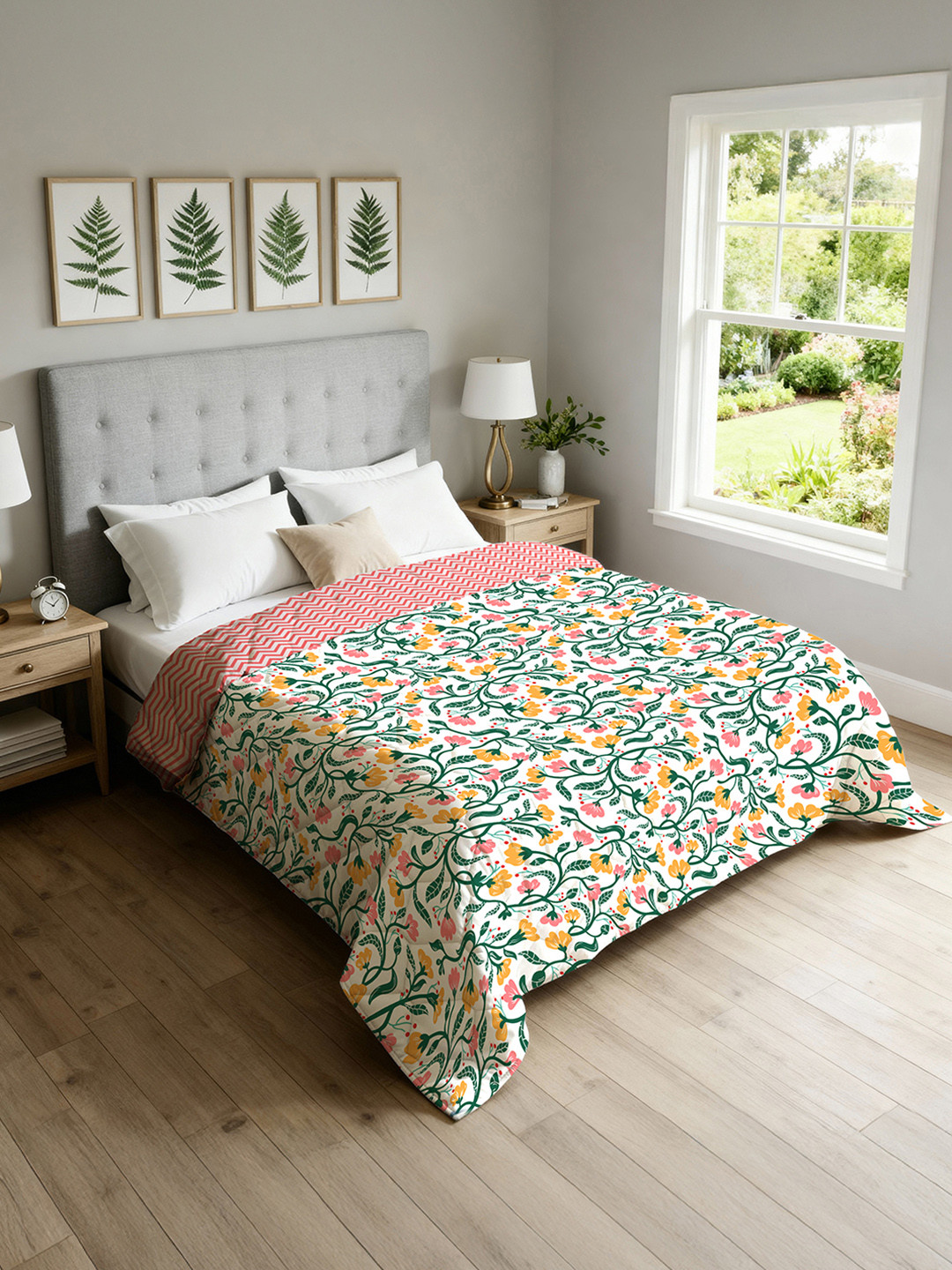 URBAN SPACE Kashmir White & Green Floral AC Room Single Bed Blanket