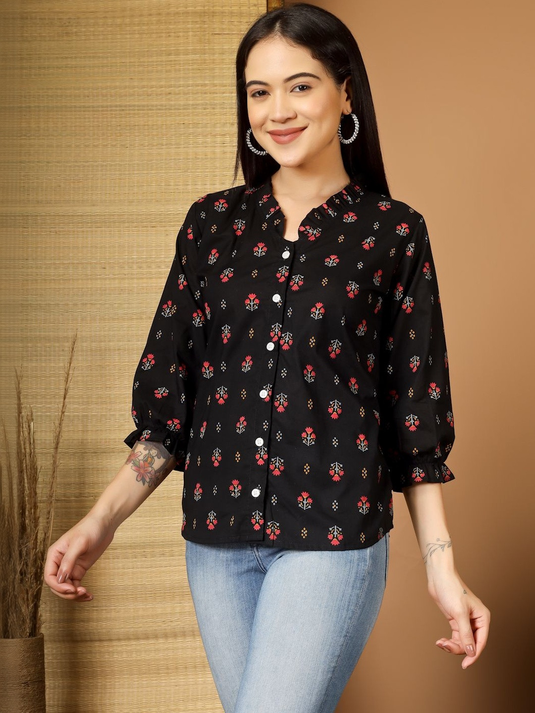 Kinjo Floral Print Mandarin Collar Accordion Pleated Sleeves Ruffles Cotton Top