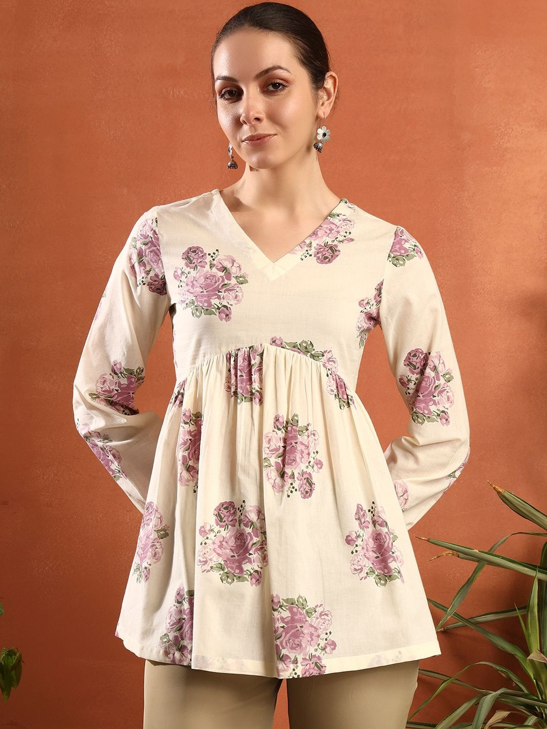 KIRNYA Floral Print Cotton Top