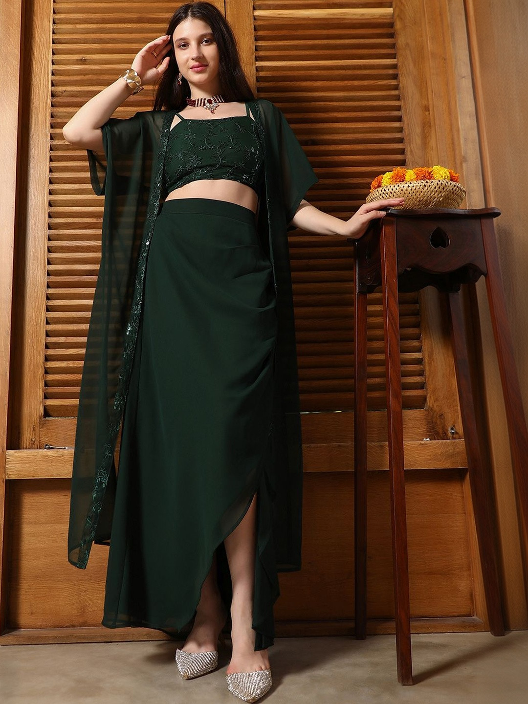 QISSA Embroidered Crop Top With Skirt & Cape Co-Ords