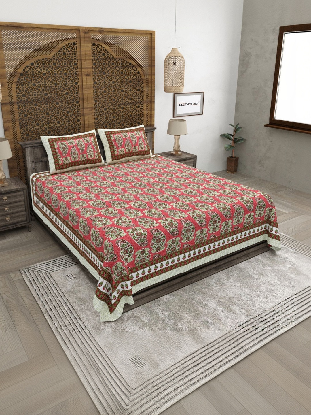 CLOTHOLOGY Red & Green 180 TC King Bedsheet with 2 Pillow Covers