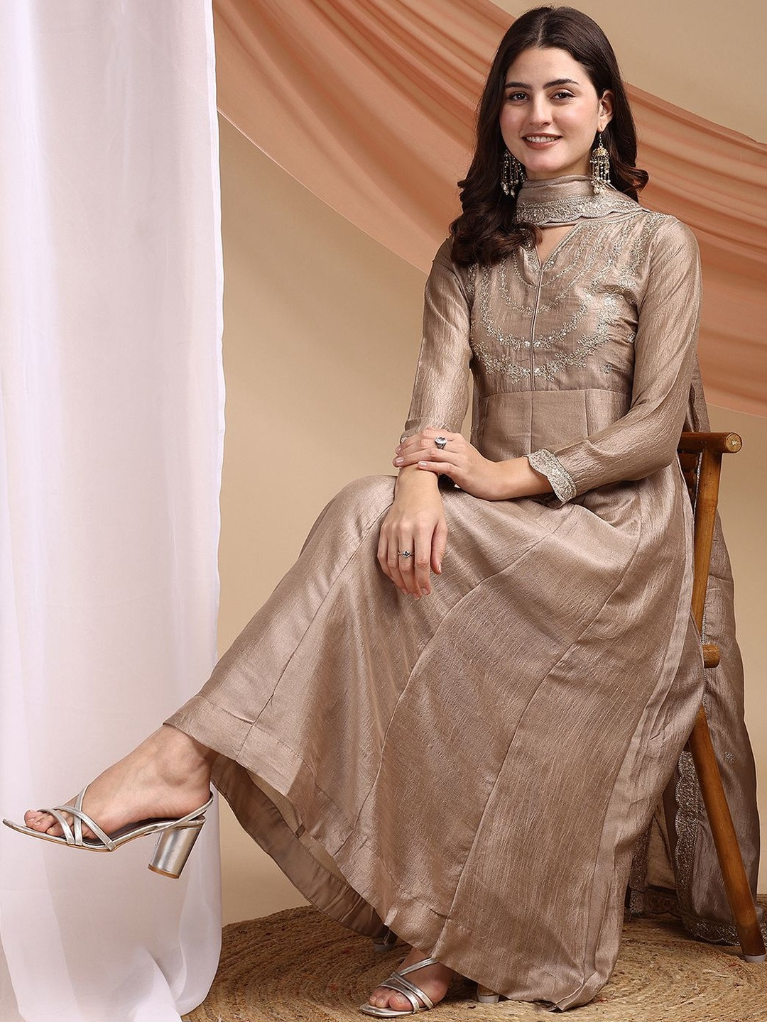 all about you Women Embroidered Panelled Thread Work Kurta with Palazzos & With Dupatta
