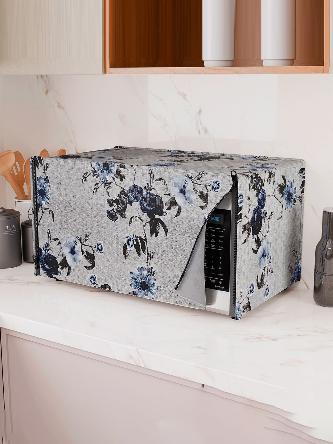 Kuber Industries Grey & Blue Flower Printed Microwave Oven Cover