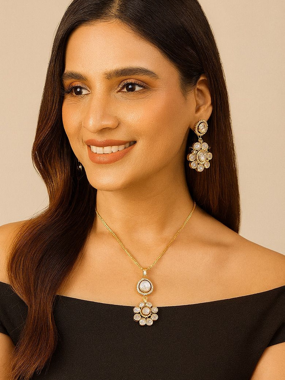 TJC 22K Gold-Plated American Diamond Studded Jewellery Set