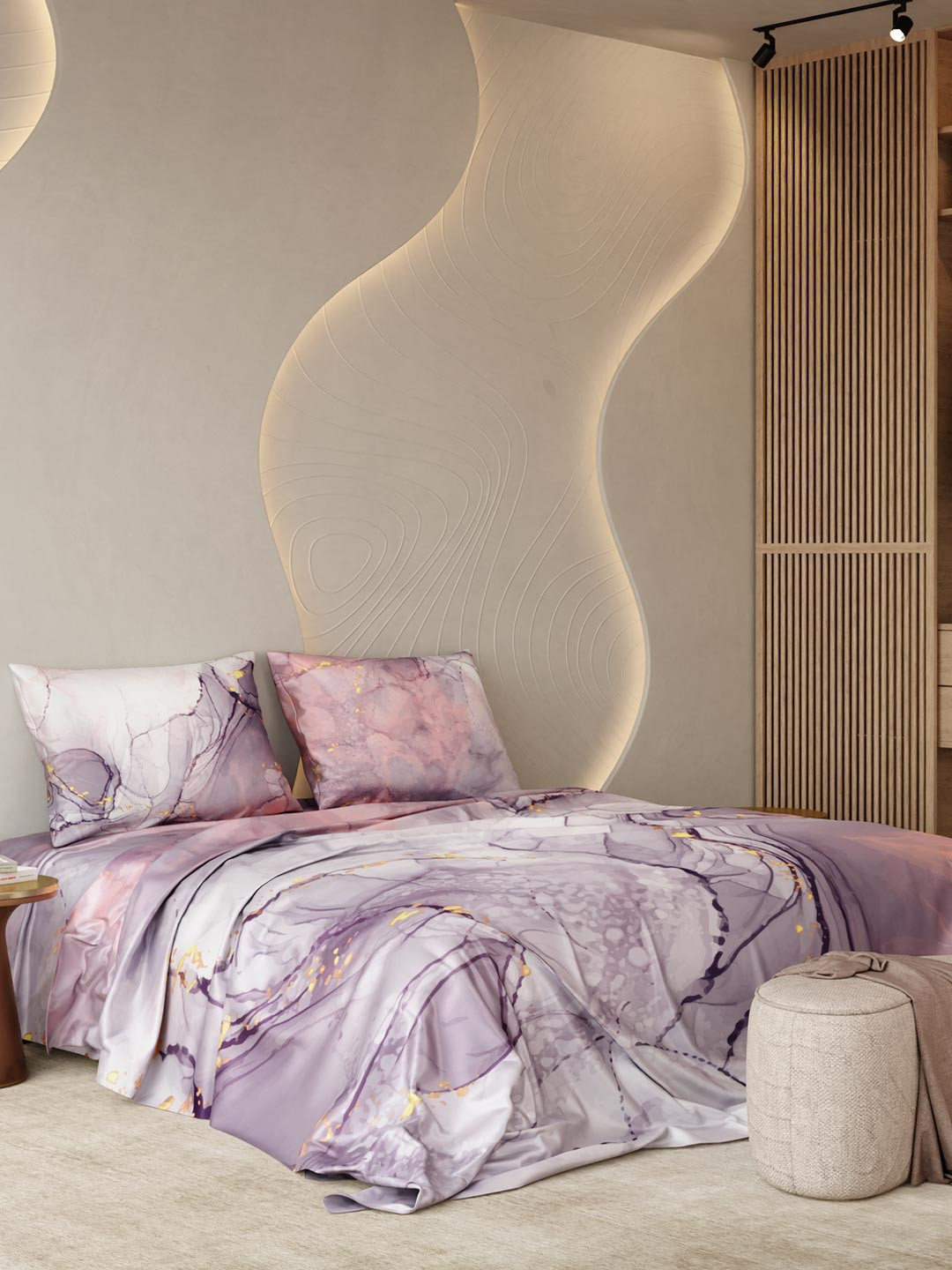 Stoa Paris Louvre Lavender 300 TC King Bedsheet With 2 Pillow Covers-108 X 108 In