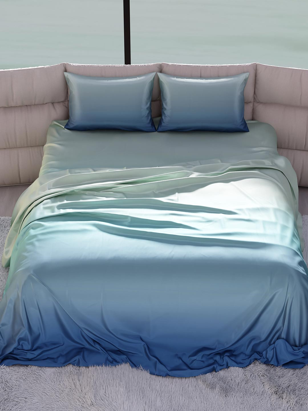 Stoa Paris Skies Of Paris Dawn'S Dream Navy Blue Satin 300 TC King Fine Bedsheet with 2 Pillow Covers-108 x 108 inches