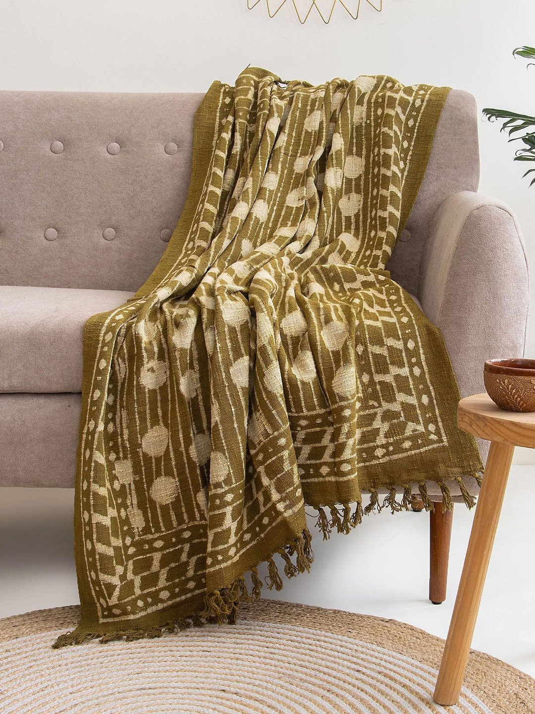 DMAASA OLive Green Printed Pure Cotton Tasselled Throws