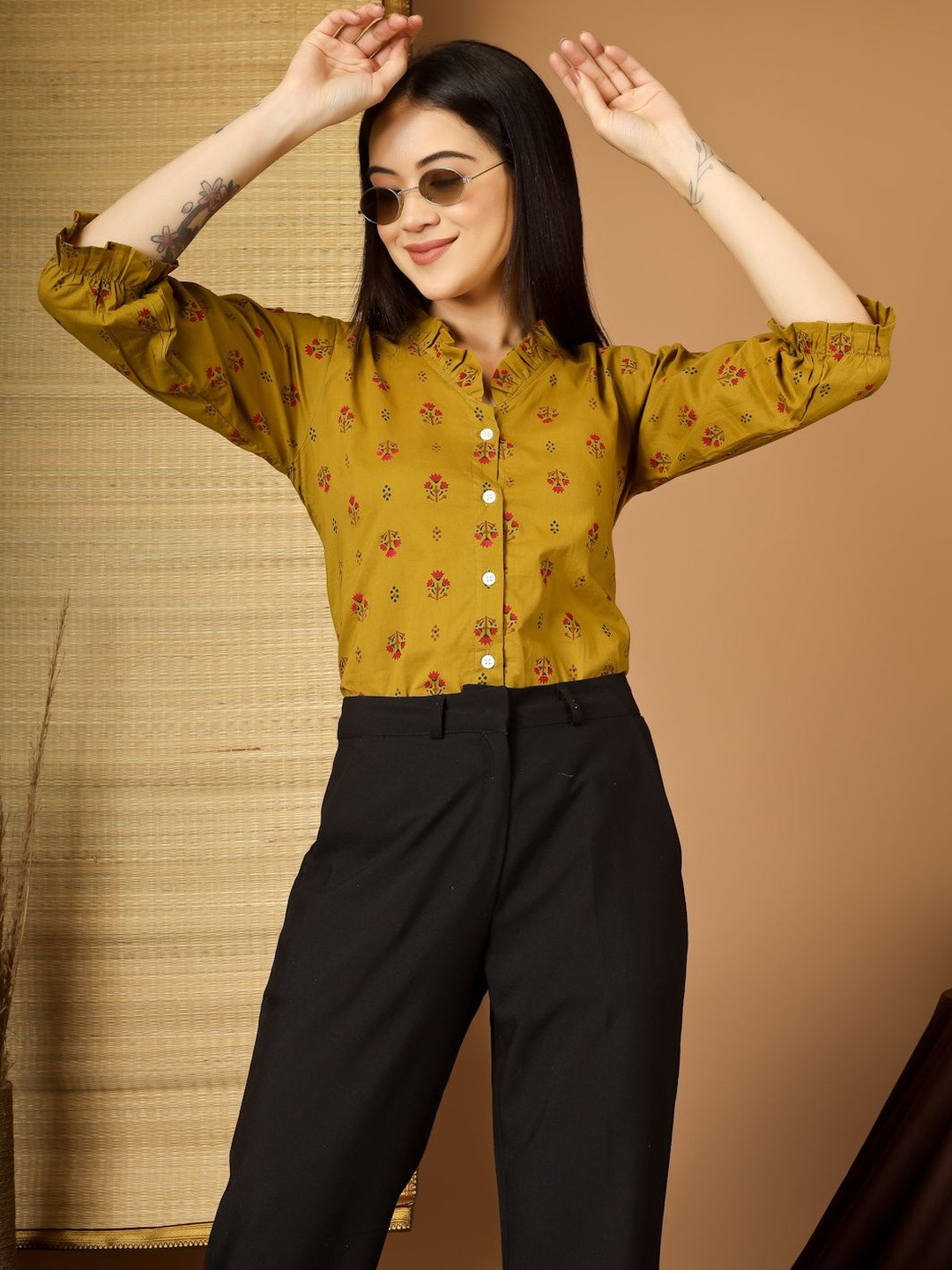 Kinjo Floral Print Mandarin Collar Flared Sleeve Ruffles Cotton Top