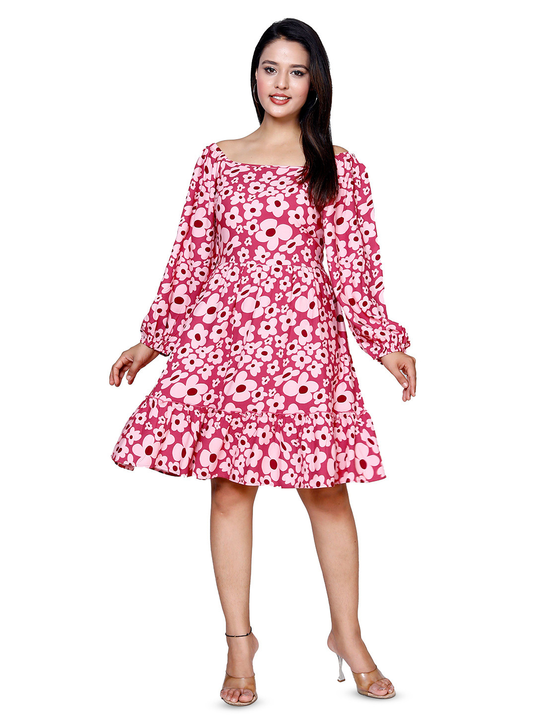 SAKURA Floral Print Puff Sleeve Liva Fit & Flare Dress