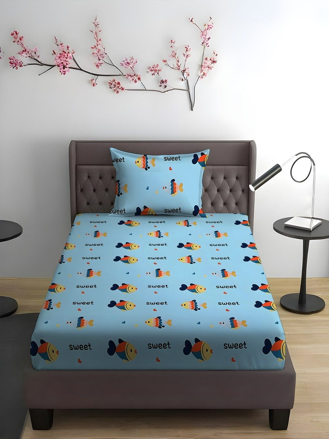 WEAVE AND DECOR Blue Cartoon Characters 300 TC Single Bedsheet with 1 Pillow Covers