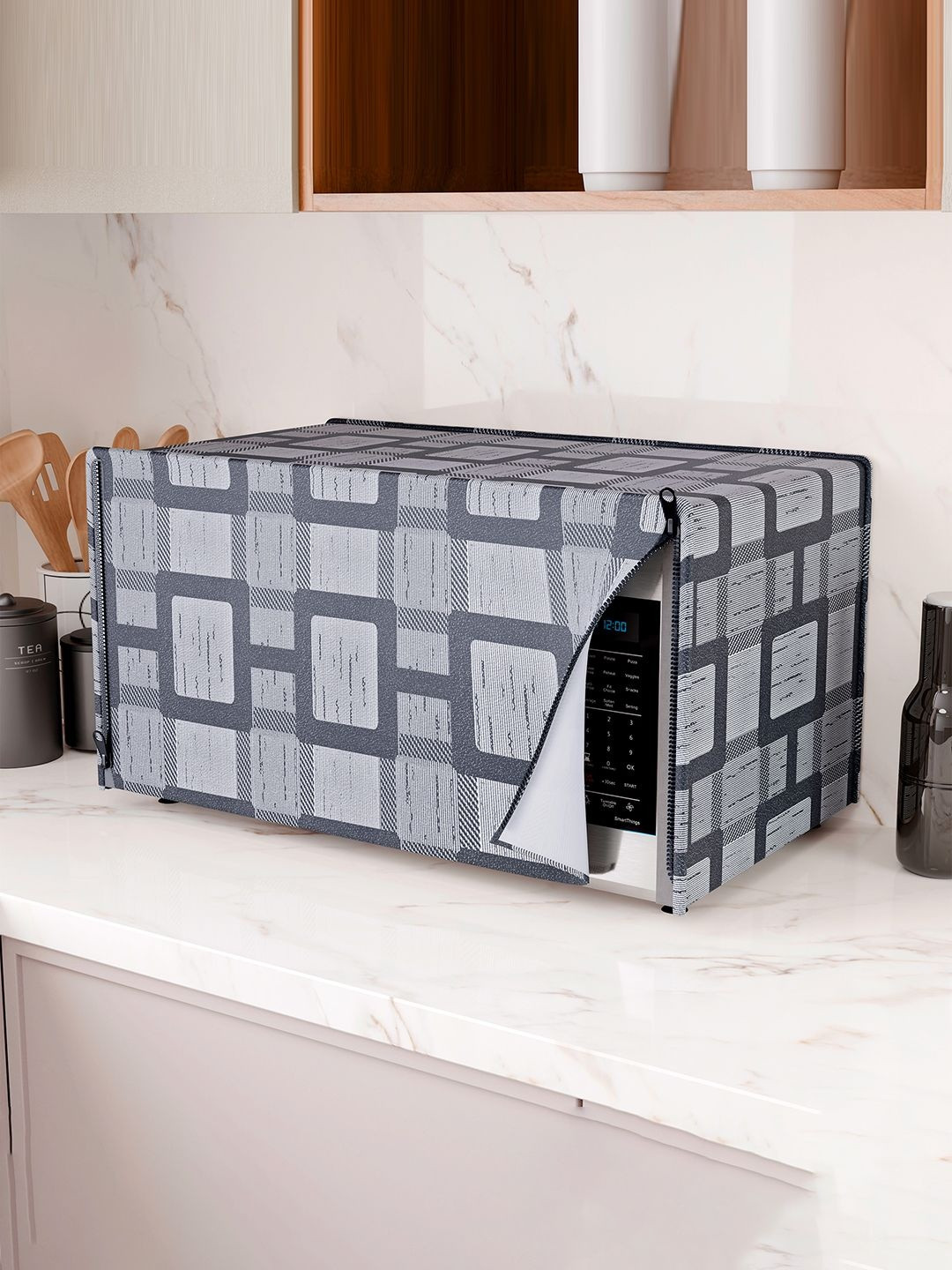 HOMESTIC Grey Checked Dust-Proof Scratch-Proof Breathable Microwave Oven Cover