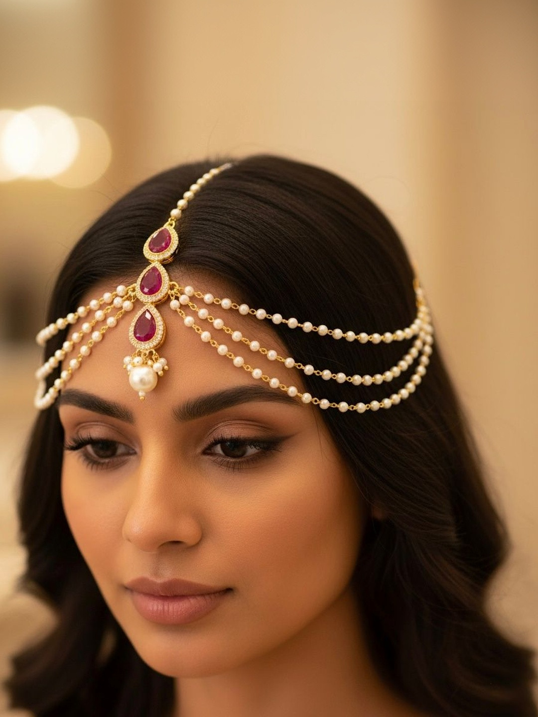 KYOOT JEWELS Gold-Plated Artificial Stones and Beads Studded Sheeshphool Head Jewellery