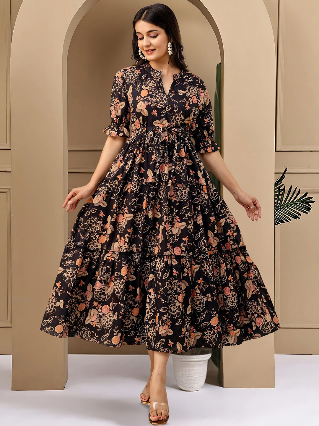 SHATOGUN Floral Print Puff Sleeve Crepe A-Line Midi Dress