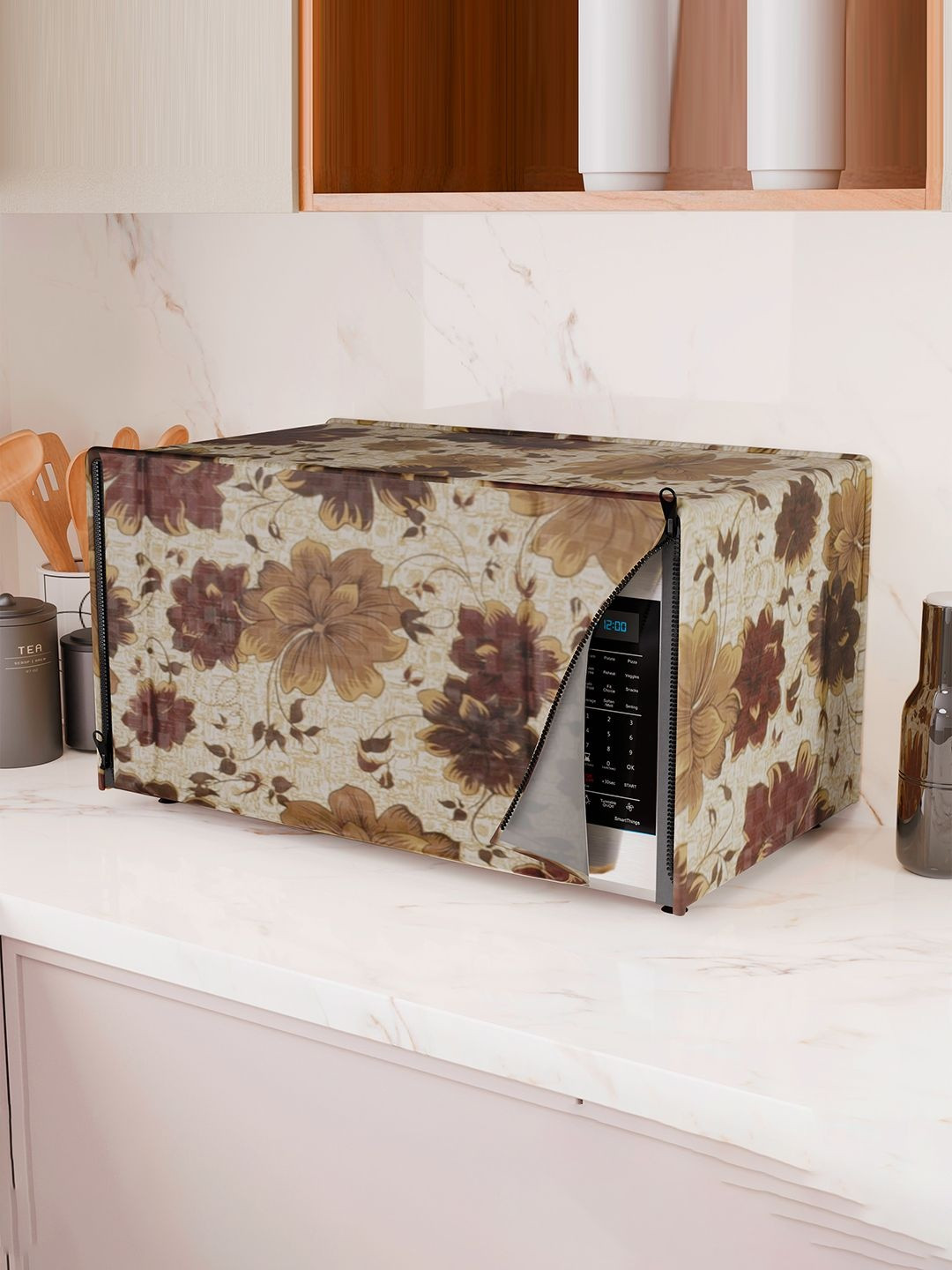 Kuber Industries Brown & White Flower Printed Microwave Oven Cover
