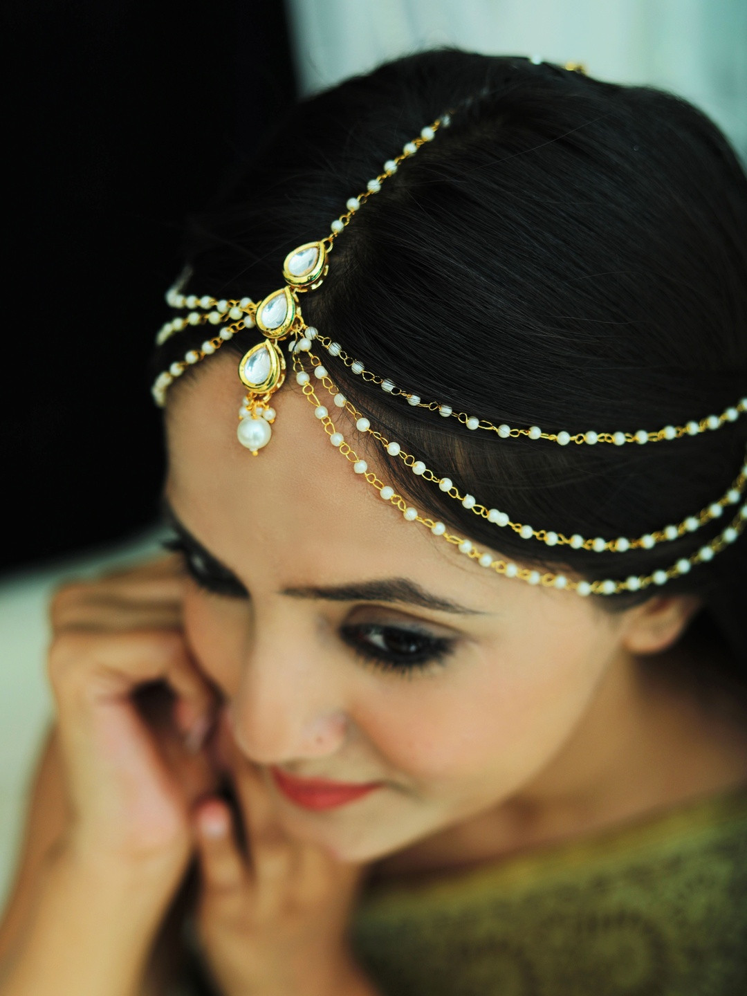 KYOOT JEWELS Gold-Plated Artificial Stones and Beads Studded Sheeshphool Head Jewellery