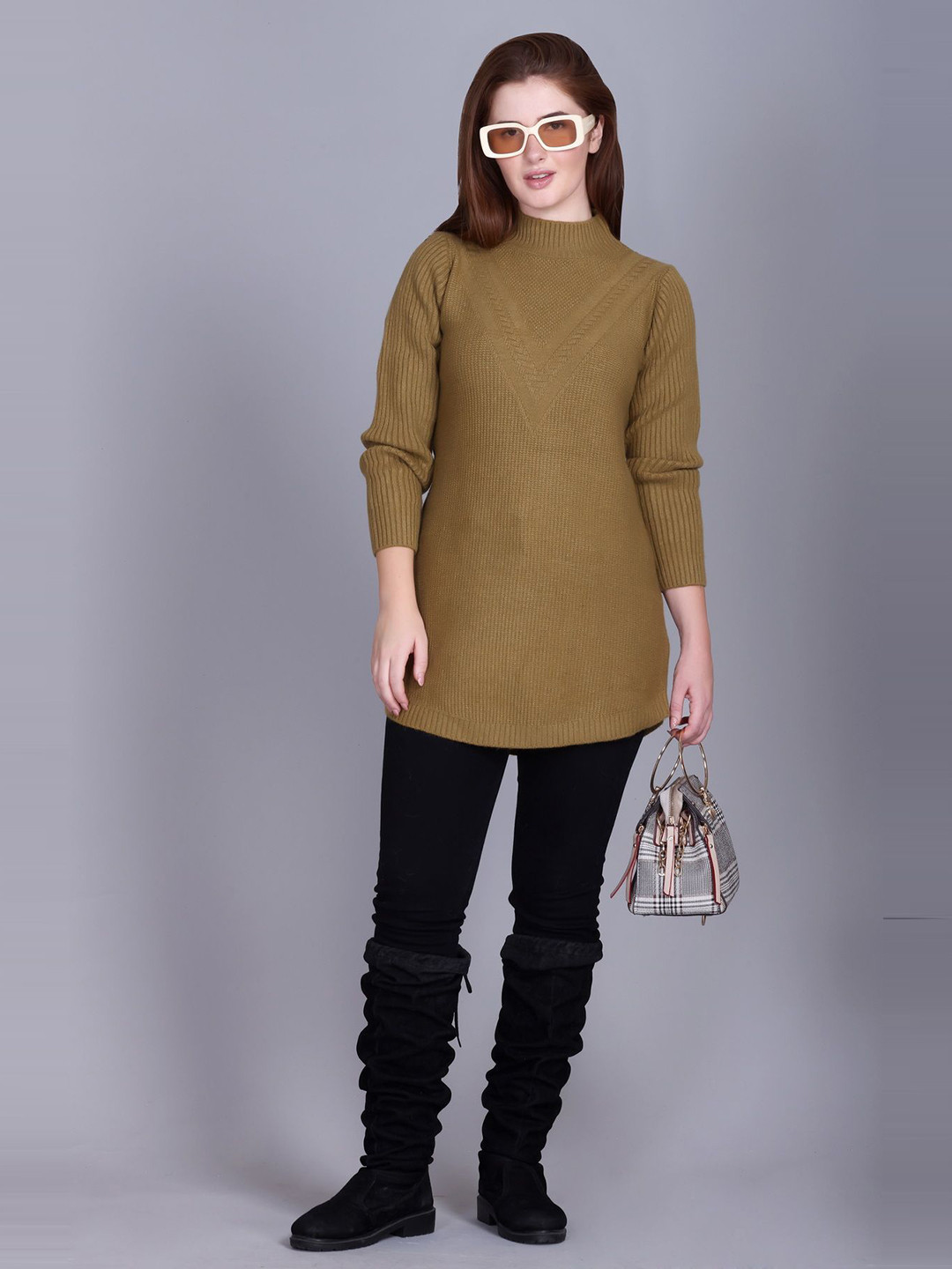 The Roadster Lifestyle Co Womens Olive Green Full Sleeve Woolen Sweater Tunic