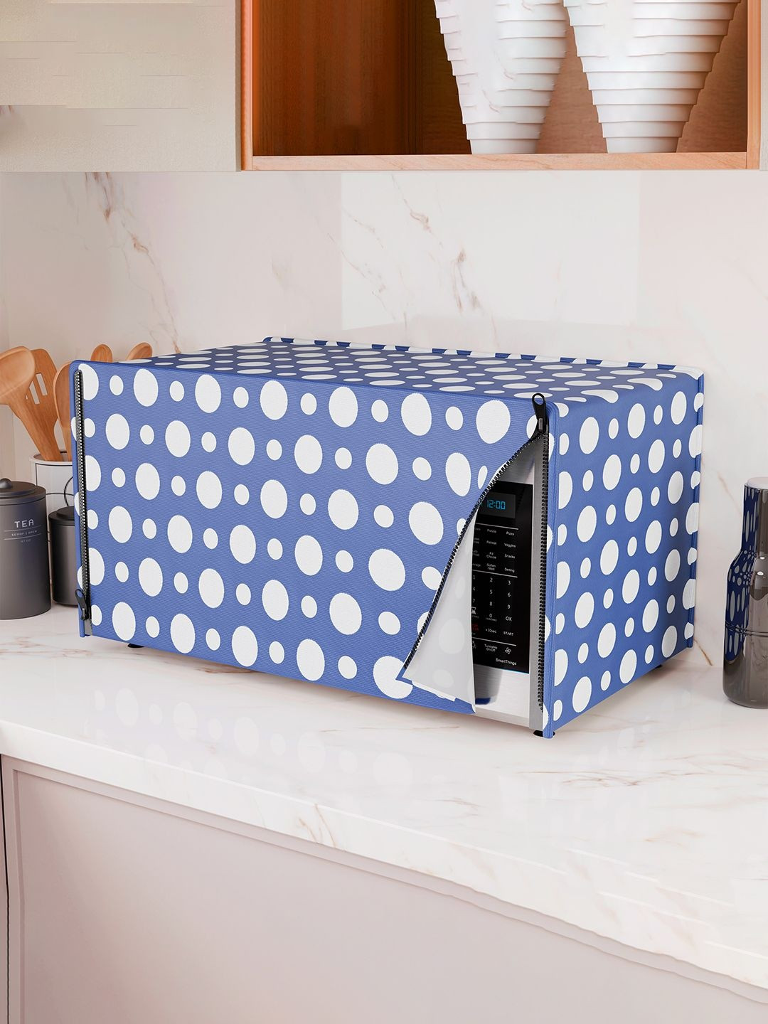 HOMESTIC Blue & White Printed Dust-Proof Scratch-Proof Breathable Microwave Oven Cover