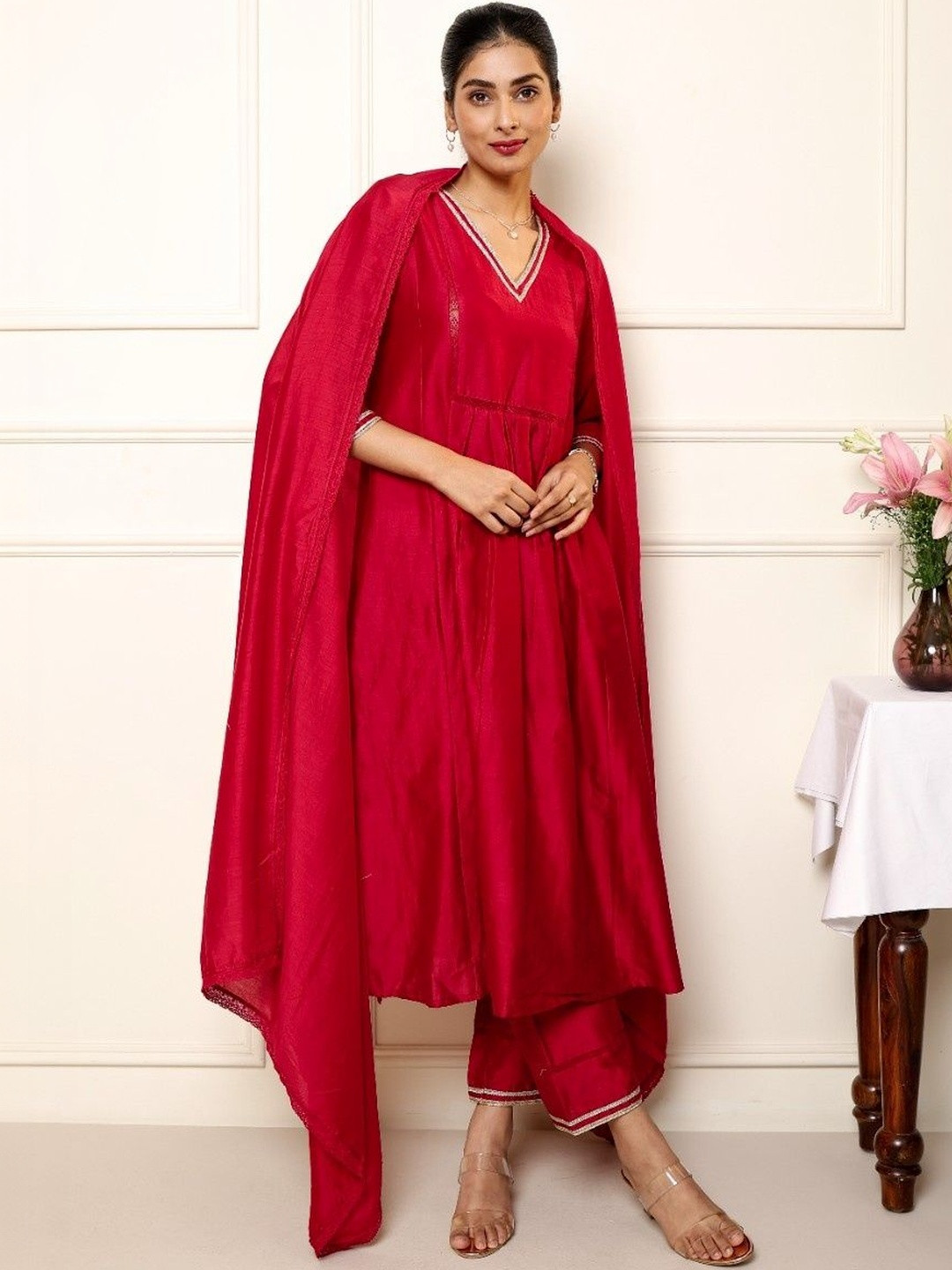 Studio Rabha Women Regular Thread Work Chanderi Silk Kurta with Trousers & With Dupatta