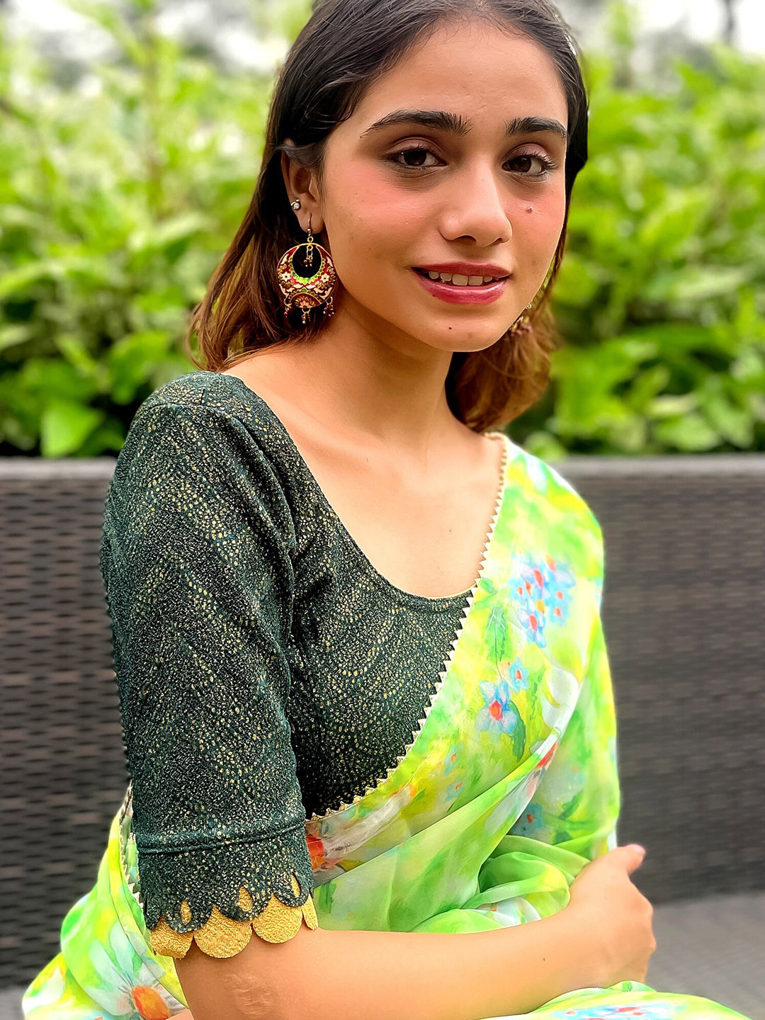 Bindigasm's Advi Foil Printed Scallop Sleeves Stretchable Jacquard Saree Blouse