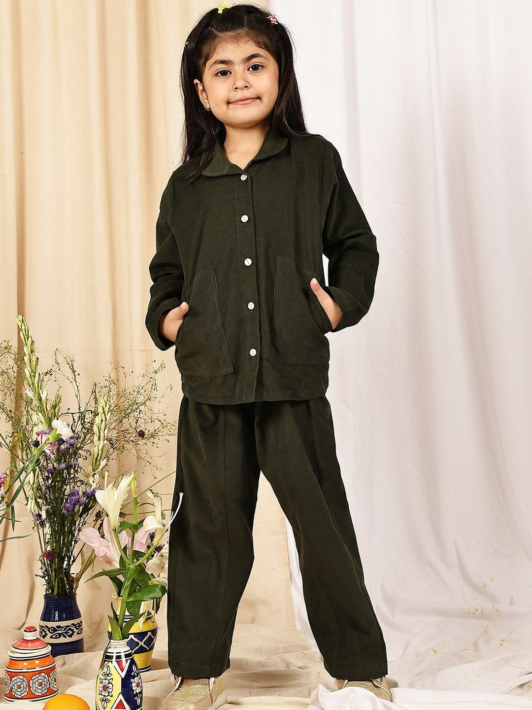 YK Girls Olive Corduroy Button-Down Jacket Trousers Co-ord Set