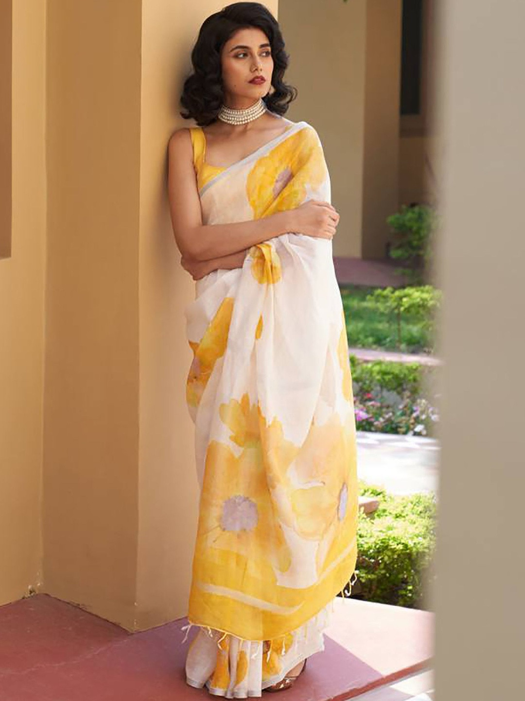 Moda Rapido Floral Linen Blend Block Print Saree