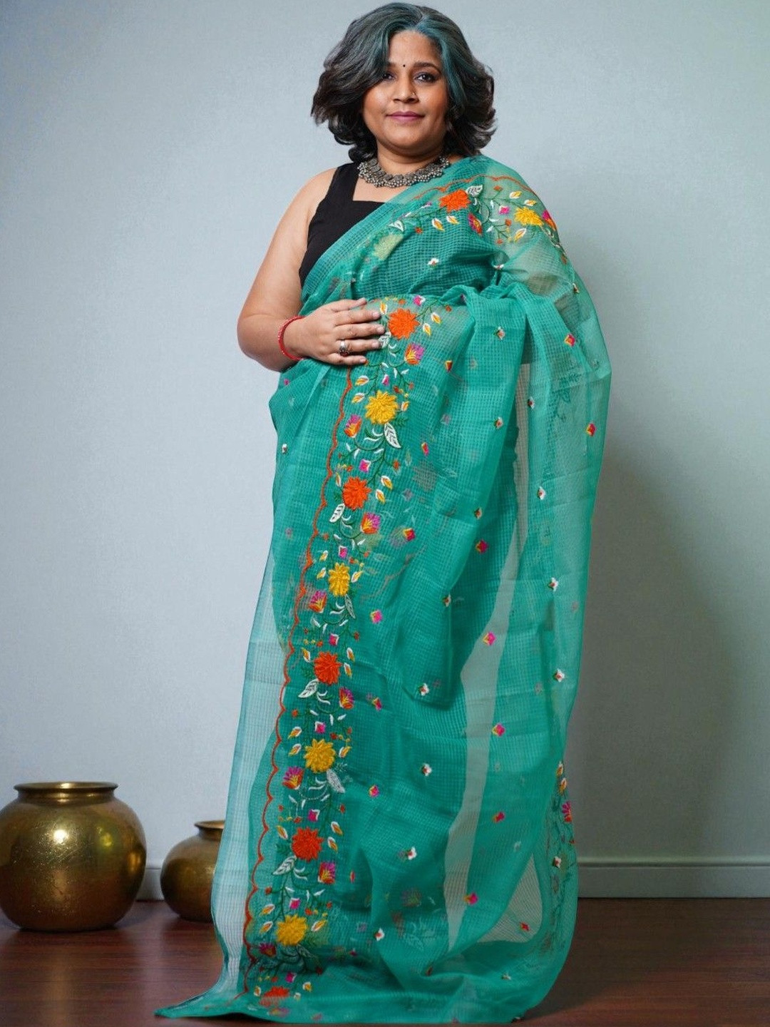 PRETANSHAH Floral Embroidered Pure Cotton Kota Saree