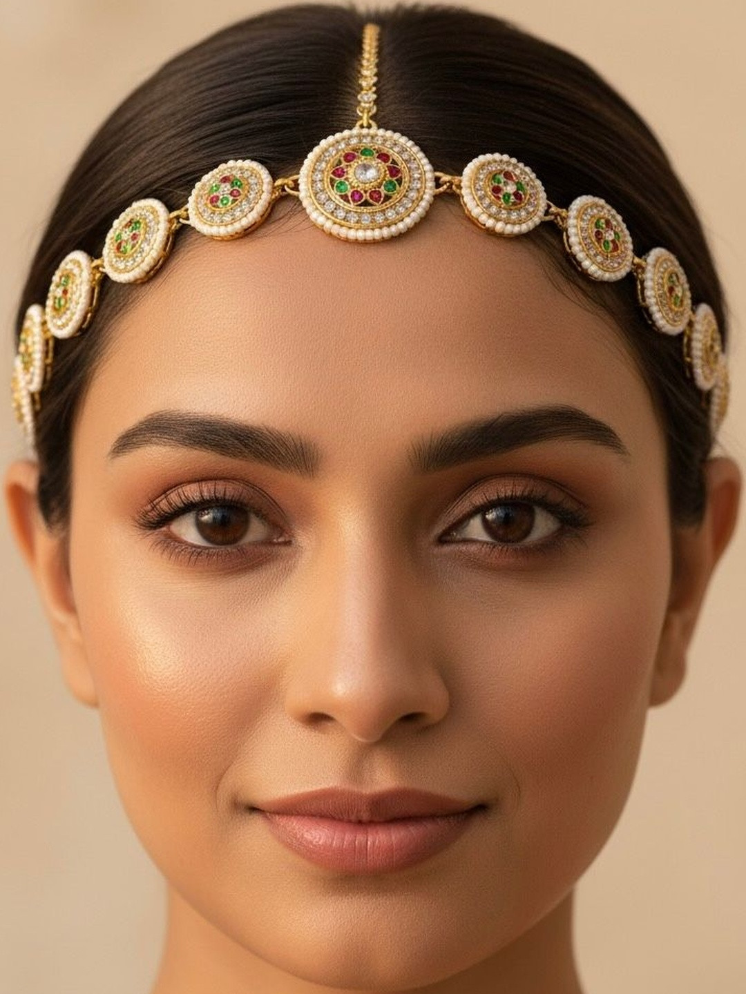 KYOOT JEWELS Gold-Plated Artificial Stones and Beads Studded Matha Patti Head Jewellery