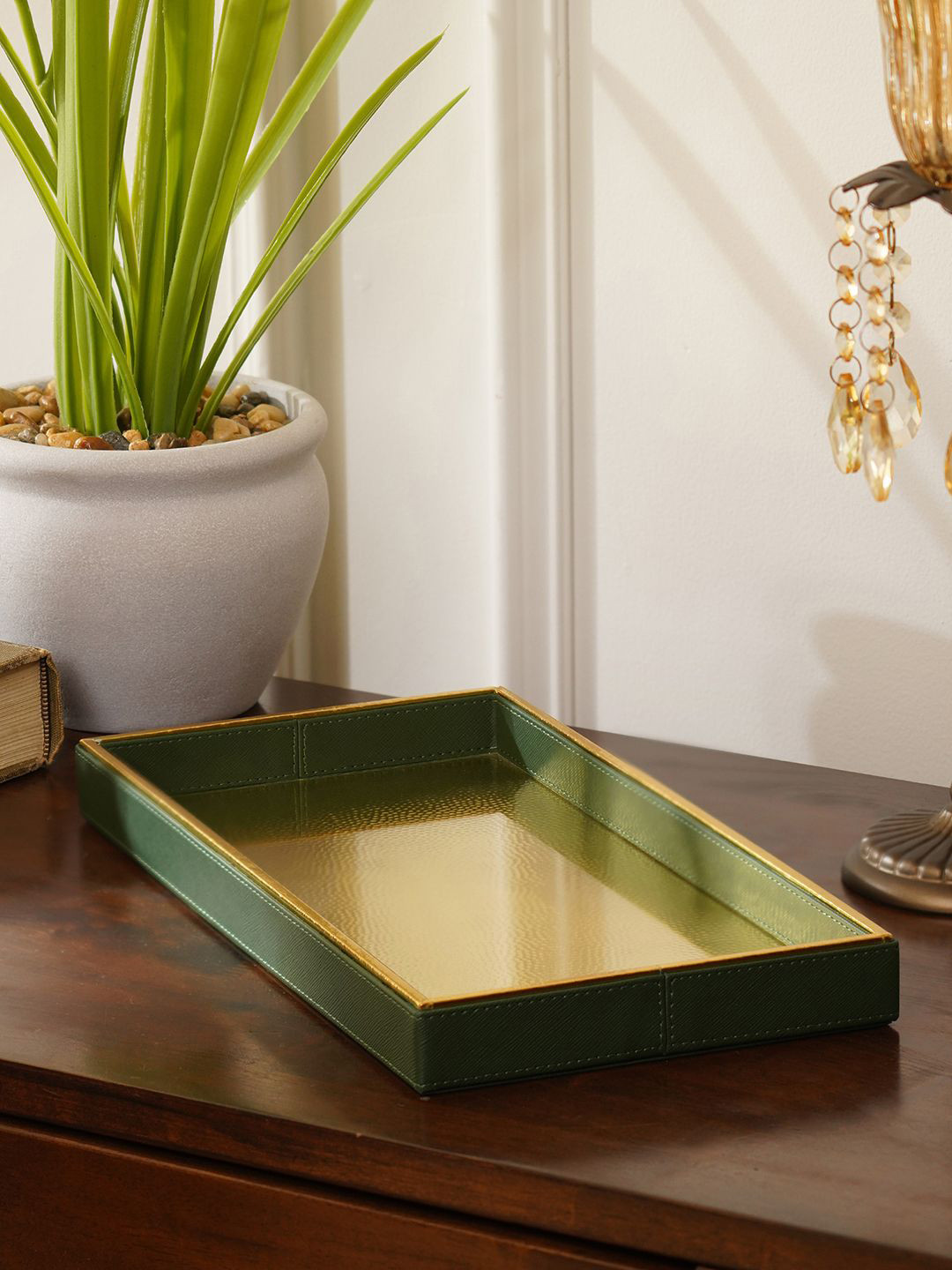 Pure Home and Living Unisex Green Faux Leather Hammered Rectangle Platter