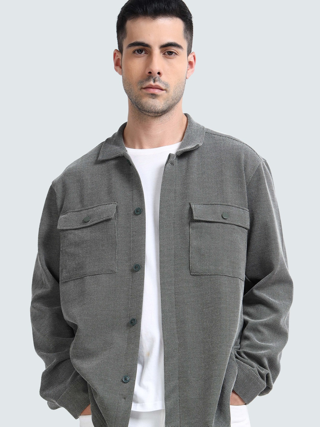 StitchX Men's Full Sleeve Overshirt Solid Knitted Shacket