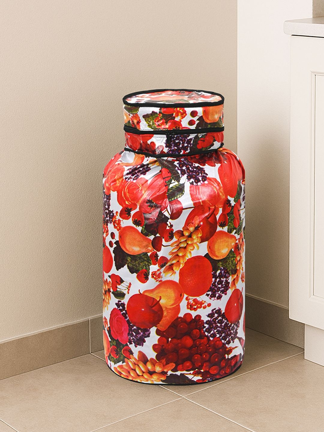 HOMESTIC White & Red Printed Dust-Proof Cylinder Cover With Zip Closure