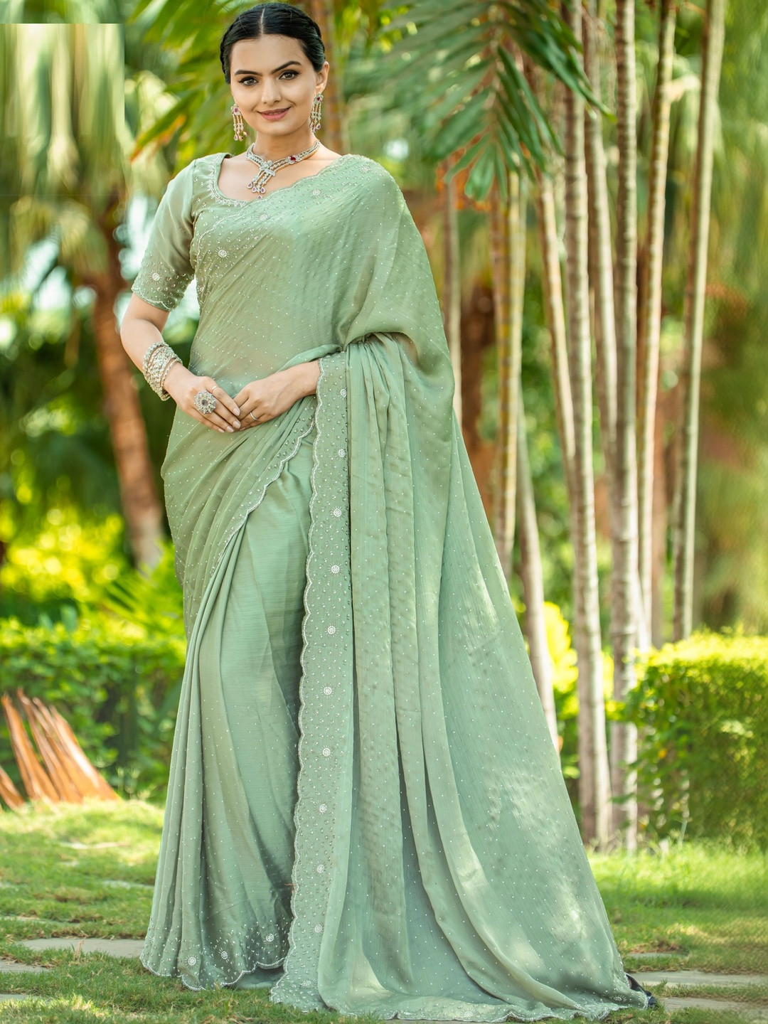 Smart Stree Embellished Beads and Stones Satin Heavy Work Saree