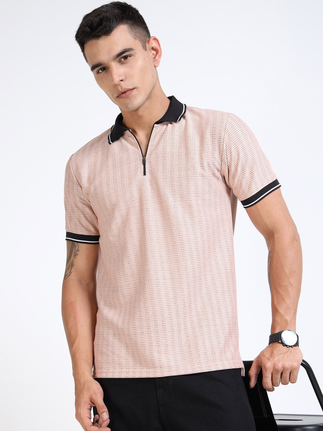 THE BEETEL HOUSE Men Self Design Polo Collar T-shirt
