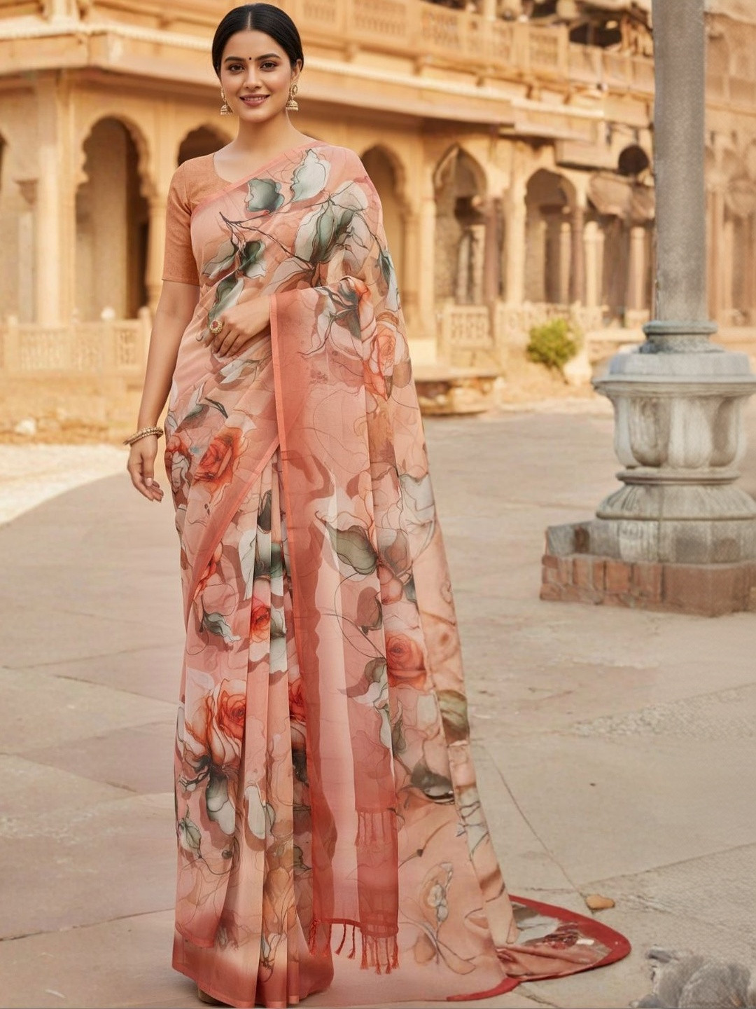 ZAMUNA Floral Pure Georgette Bhagalpuri Saree