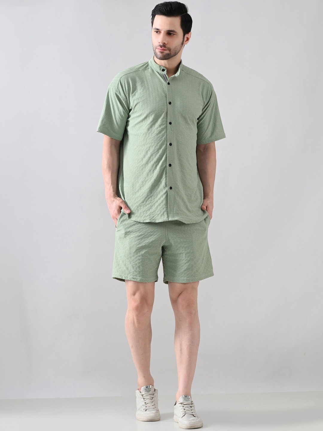 BAESD Textured Mandarin Collar Neck Half Sleeve Shirts With Shorts Co-Ords