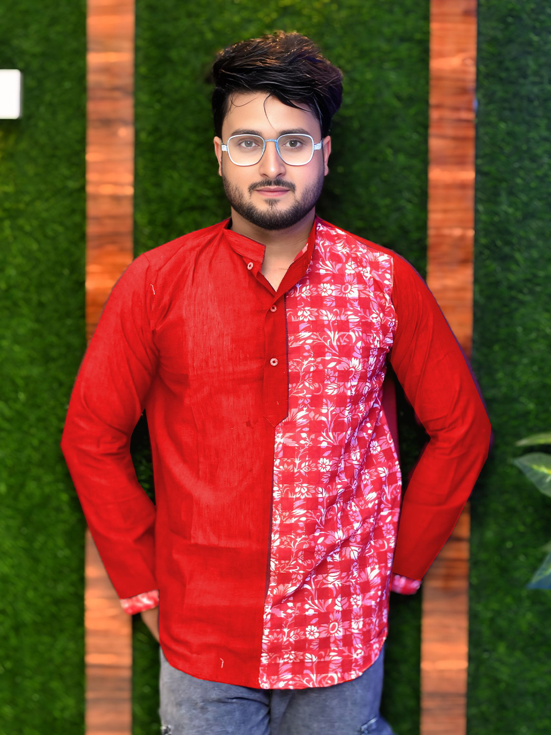 Tant Ghar Mens Red Long Sleeves Kurti