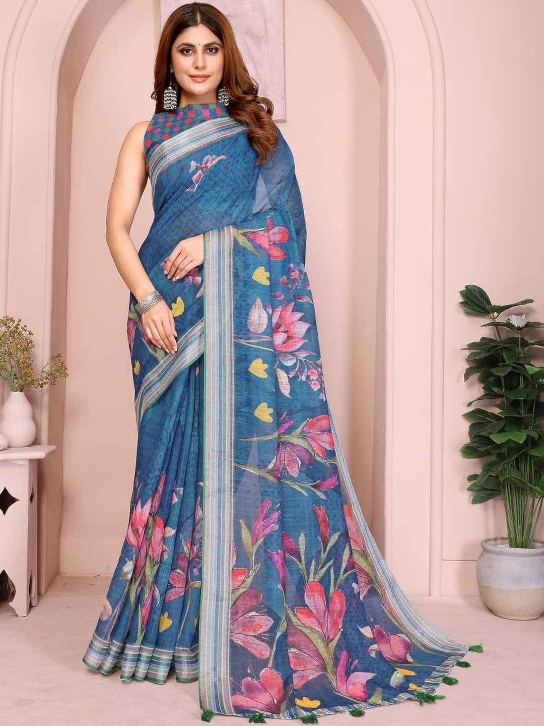 RITABEN HARESHBHAI BHALIYA Floral Pure Linen Saree