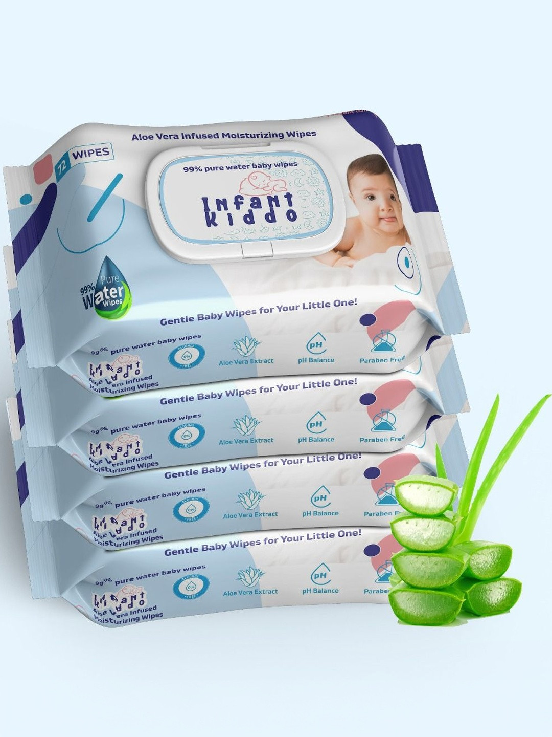 Infant Kiddo Kids Set Of 4 Moisturizing Baby Wipes With Aloe Vera - 72 Wipes Each