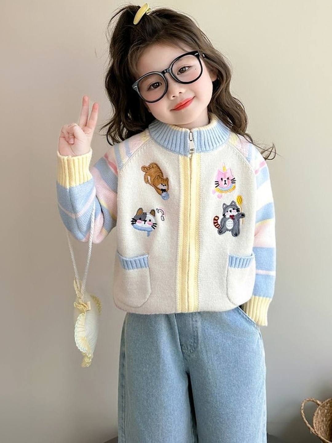 LULU & SKY Girls Colourblocked Acrylic Knitted with Embroidered Jacket