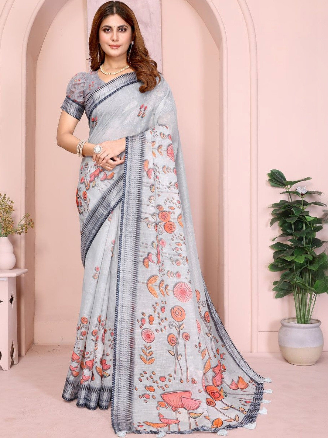 RITABEN HARESHBHAI BHALIYA Floral Pure Linen Saree