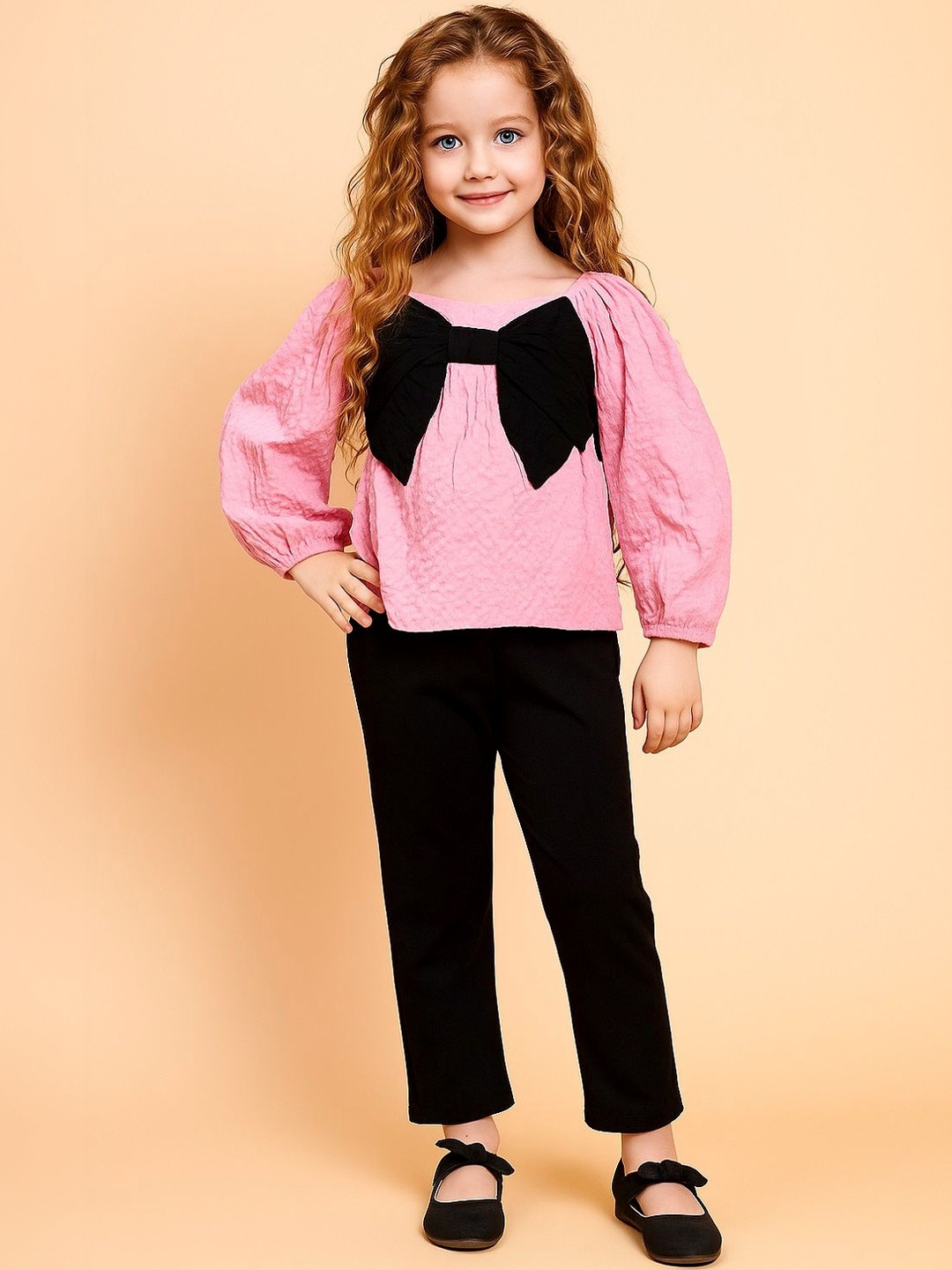 YK Girls Full Sleeves Pink Textured Peasant Top with Black Bow & Straight-Fit Pants Set